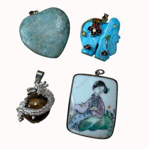 Set Of‎ 4 Assorted Pendants Including Turquoise Heart Enamel Elephant Dragon